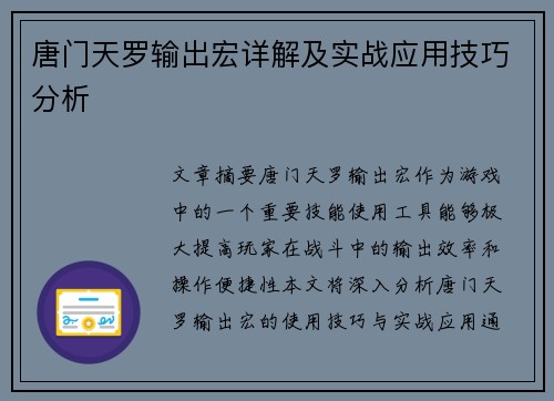 唐门天罗输出宏详解及实战应用技巧分析