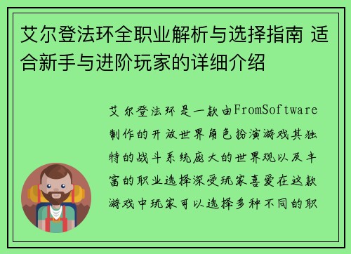 艾尔登法环全职业解析与选择指南 适合新手与进阶玩家的详细介绍